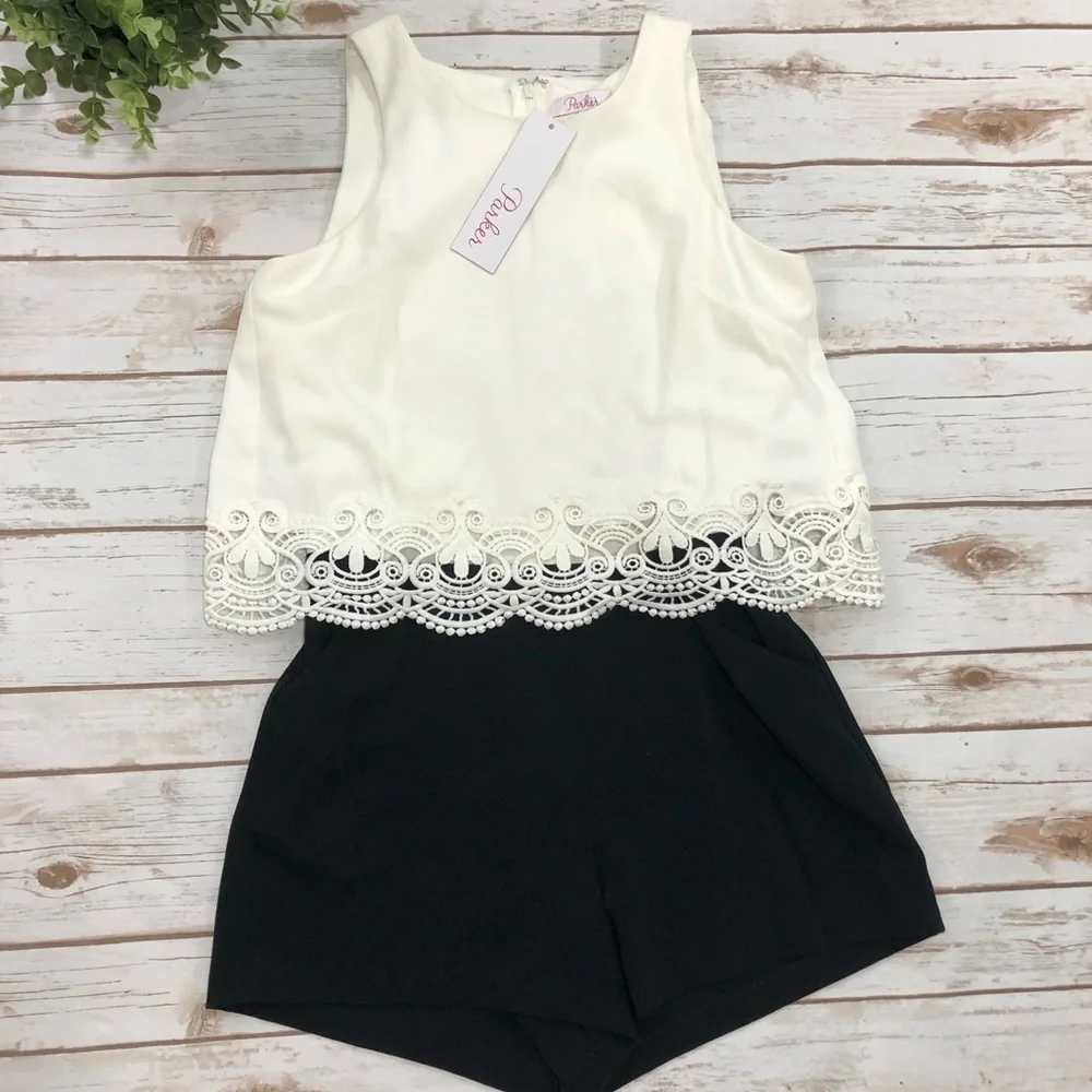 Parker Lace Overlay White & Black Romper - Picture 1 of 7